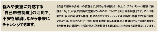 悩みや要望に対応する「自己申告制度」の活用で、不安を解消しながら未来にチャレンジできます。