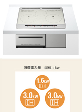 IHクッキングヒーター　シルバートッププレート：3口IH